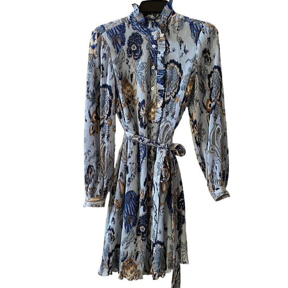 Tory Burch Deneuve Paisley Dress Size 0 Blue Crinkle Floral Ruffle Long Sleeve - Picture 5 of 14